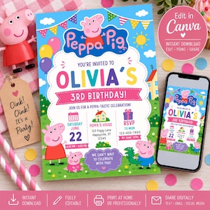 Pode incluir: Um convite de aniversário com o tema Peppa Pig com o texto Olivia's 3rd Birthday, uma figura da Peppa Pig, um smartphone exibindo o convite, uma etiqueta castanha com o texto Oink! Oink! It's a Party! e palhinhas de papel às riscas.
