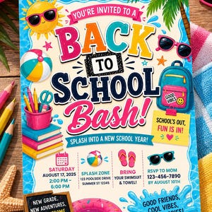 Back to School Bash Pool Party Invitation Editable Canva Template