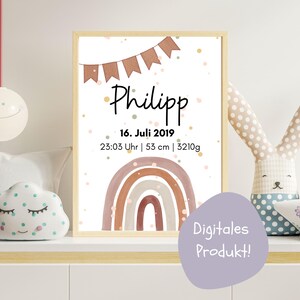 Póster de nacimiento personalizado para imprimir | Marrón arcoíris | Formato A4 | Archivo PDF | Descarga digital | Regalo de nacimiento