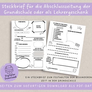 Könnte beinhalten: Ein schwarz-weiß druckbares Schul-Erinnerungsbuch mit zwei Seiten. Die Seiten enthalten Ausfüllfelder für persönliche Informationen, Favoriten und Erinnerungen. Der Text enthält "Digitaler Download" und "2 Seiten zum sofortigen Download als PDF-Datei."