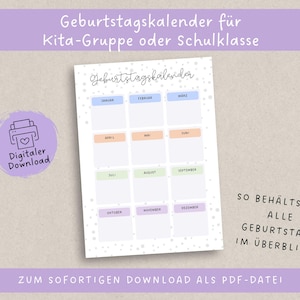 Digital birthday calendar for kindergarten and elementary school | Printable | Template | Overview | Daycare
