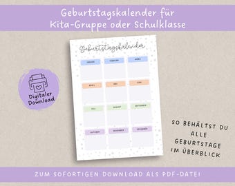 Digital birthday calendar for kindergarten and elementary school | Printable | Template | Overview | Daycare
