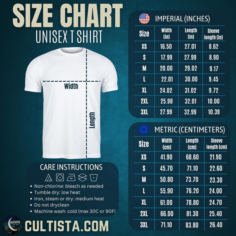 May include: Size chart for a unisex t-shirt with measurements in inches and centimetres. The chart shows the width, length, and sleeve length for sizes XS to 3XL. The chart also includes care instructions for the t-shirt.