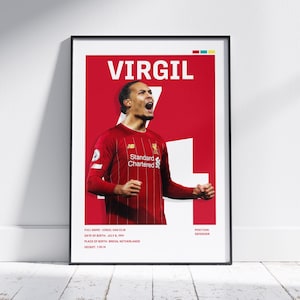 May include: Framed poster featuring a soccer player in a red jersey with the name "VIRGIL" in white block letters against a red background. The poster includes player details and is displayed on a white wall.