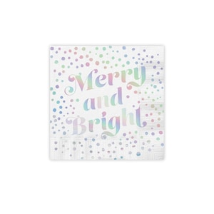 Merry and Bright Cocktail Napkins, Christmas Napkins, Holographic Christmas Napkins, Holiday Beverage Napkins, Christmas Party Napkins