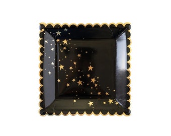 Gold Stars Black Plates, New Year's Eve Party Plates, Gold Square Party Plates, Gold Star Plates, Black Paper Plates, Halloween Party Plates