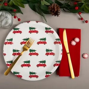 Red Car Holiday Plates, Christmas Tree Plates, Vintage Style Car Plates, Christmas Party Plates, Cute Holiday Plates, Christmas Plates