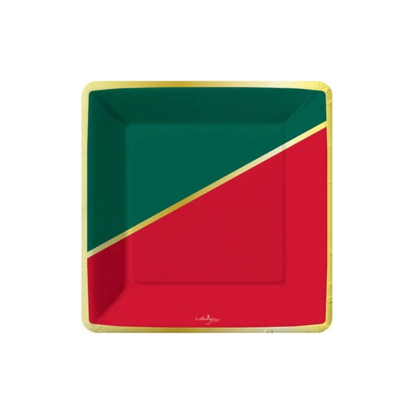 Colorblock Plates, Christmas Square Plates, Classic Holiday Party Plates, Christmas Party Plates, Red Green and Gold Christmas Plates