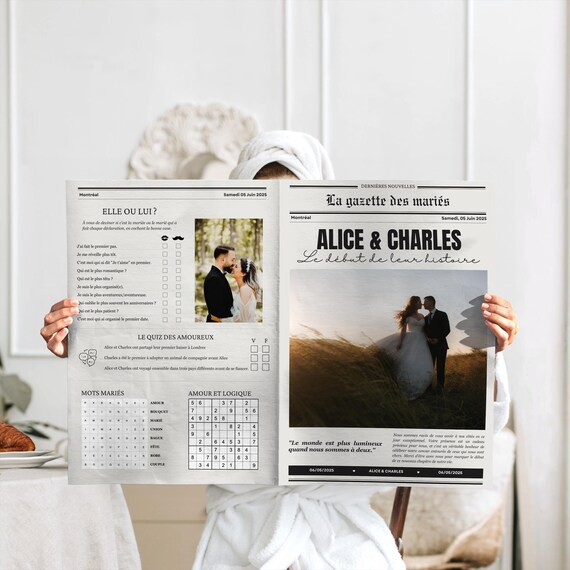 Gazette des Mariés Modèle Faire Part Mariage Invitation Mariage Personnalisable Journal Mariage Canva Imprimable En Français