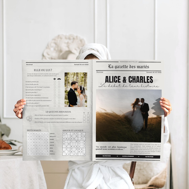 Op de afbeelding: Een huwelijksaankondiging in de stijl van een vintage krant met de kop "La gazette des mari&eacute;s" en de namen van het paar "Alice & Charles". De aankondiging bevat een foto van het paar en de tekst "Le d&eacute;but de leur histoire", wat "Het begin van hun verhaal" betekent.
