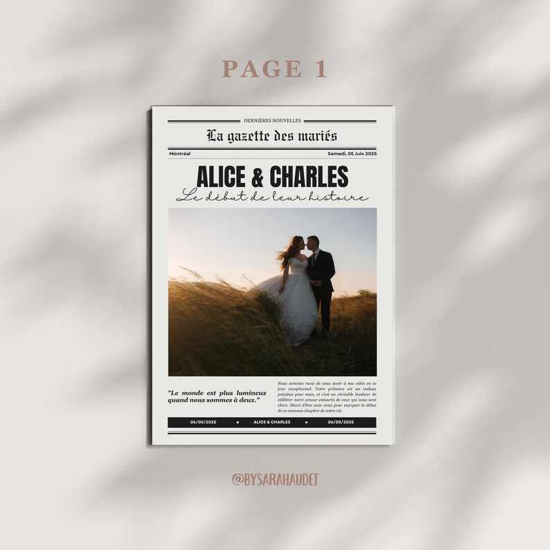 Op de afbeelding: Een zwart-witte huwelijksaankondiging in krantenstijl met een foto van een bruidspaar op een veld. De kop is "La gazette des mari&eacute;s" en de onderkop is "Alice & Charles, Le d&eacute;but de leur histoire". De quote "Le monde est plus lumineux quand nous sommes &agrave; deux." staat onder de foto.