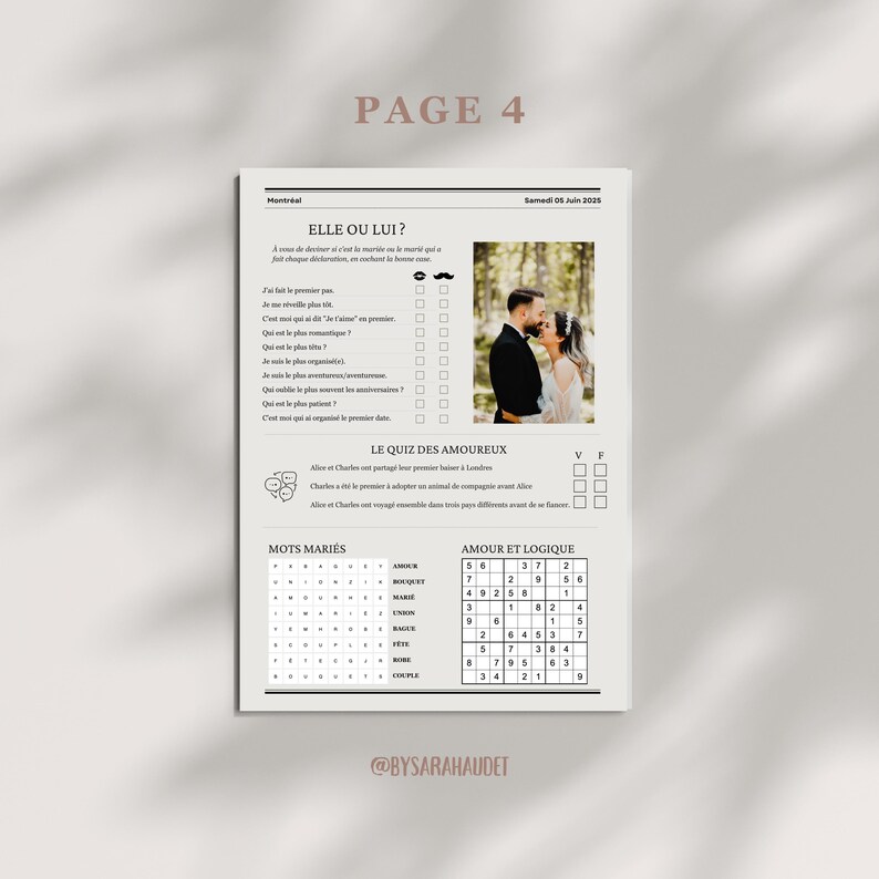 Op de afbeelding: Een afdrukbare pagina met een bruiloftsspel met de titel "Elle ou Lui?" en "Le Quiz des Amoureux." De pagina bevat een zwart-wit raster met vragen over het paar en een kruiswoordpuzzel met woorden die met bruiloften te maken hebben. De pagina bevat ook een foto van een stel in trouwjurken.