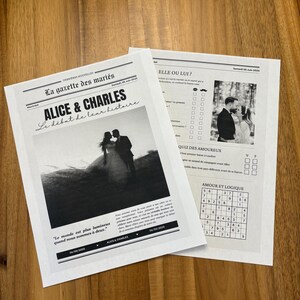Op de afbeelding: Een zwart-witte krantenstijlannouncement voor een bruiloft. De kop luidt "Alice & Charles, Het begin van hun verhaal". De aankondiging bevat een zwart-witfoto van het paar en een citaat: "De wereld is helderder wanneer we samen zijn."