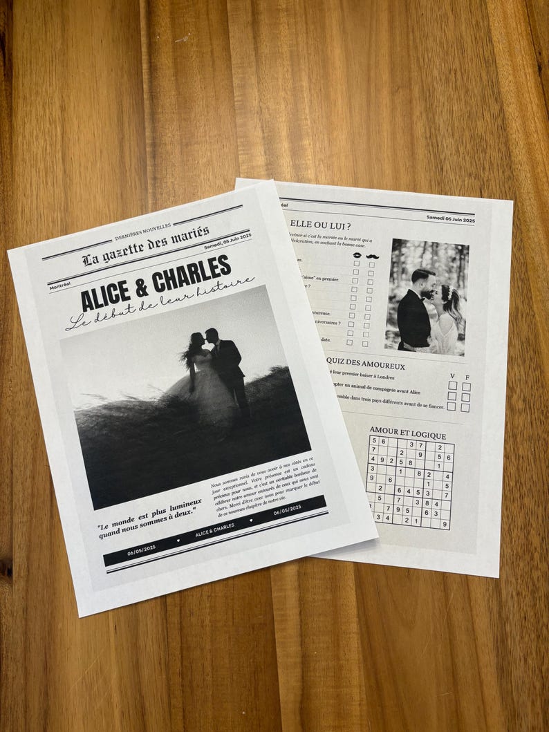 Op de afbeelding: Een zwart-witte krantenstijlannouncement voor een bruiloft. De kop luidt "Alice & Charles, Het begin van hun verhaal". De aankondiging bevat een zwart-witfoto van het paar en een citaat: "De wereld is helderder wanneer we samen zijn."