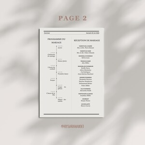 Op de afbeelding: Een programma voor een huwelijksreceptie met een tijdlijn van evenementen, waaronder de ceremonie, de cocktailtijd, het diner en het dansen. Het programma vermeldt ook de namen van de leden van de bruiloftspartij, zoals de ouders van de bruid en bruidegom, de bruidsmeisjes en de getuige.