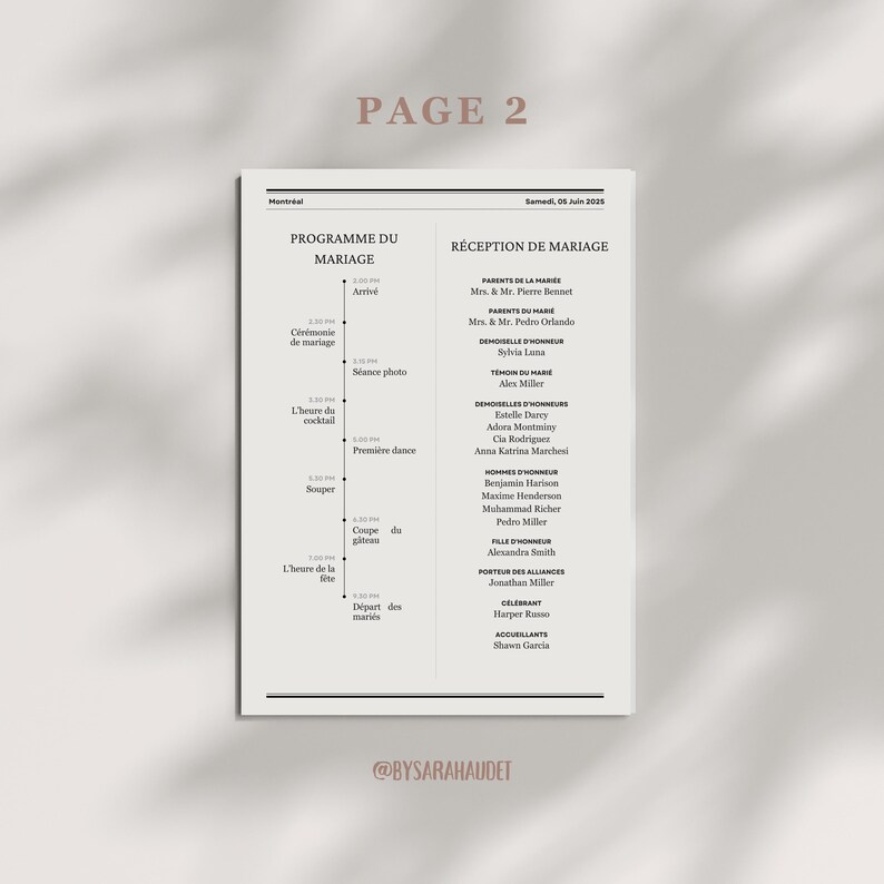 Op de afbeelding: Een programma voor een huwelijksreceptie met een tijdlijn van evenementen, waaronder de ceremonie, de cocktailtijd, het diner en het dansen. Het programma vermeldt ook de namen van de leden van de bruiloftspartij, zoals de ouders van de bruid en bruidegom, de bruidsmeisjes en de getuige.