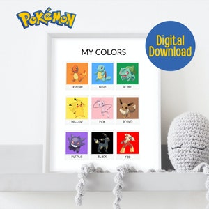 Cartel educativo de Pokémon para niños y niños pequeños, Impresiones imprimibles de la escuela en casa de anime de Pokémon, Arte educativo de la pared, Póster de colores Montessori