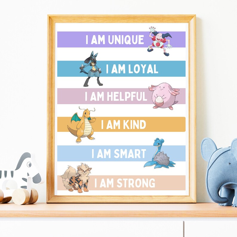 May include: A colourful printable poster with illustrations of Pokemon characters. The poster features the text "I am unique", "I am loyal", "I am helpful", "I am kind", "I am smart", and "I am strong".
