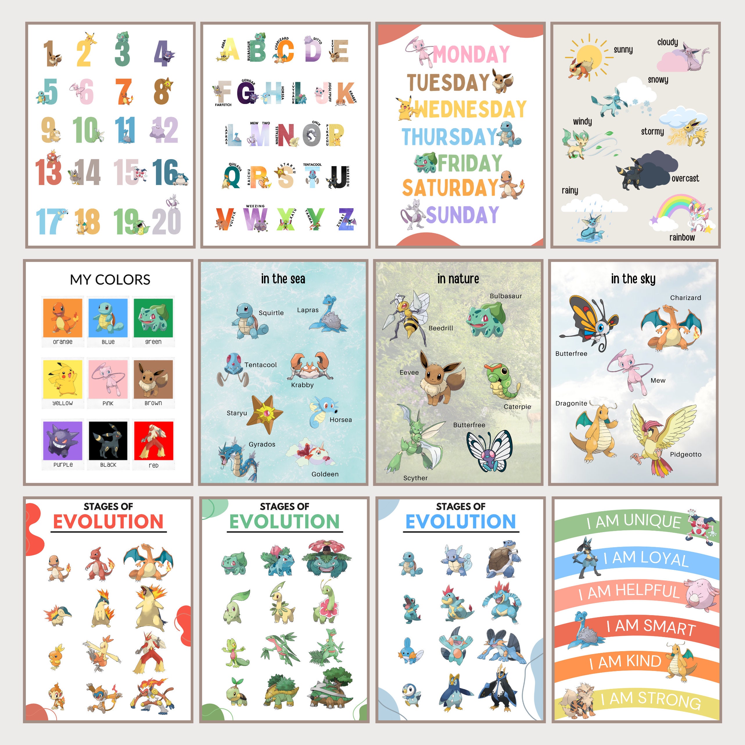 12 Pokemon Poster Bundle Printables, Pokemon Gift, Educational Pokemon PRINTABLE Wall Art ...
