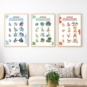 May include: Three framed posters with the text "STAGES OF EVOLUTION" above colorful illustrations of various creatures. The posters are in wooden frames and are displayed above a beige sofa with decorative pillows.