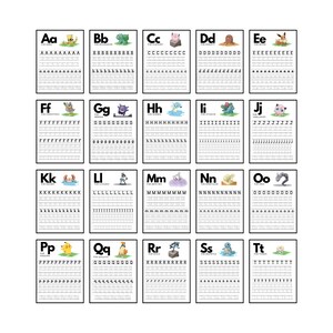 May include: A set of 26 alphabet tracing cards featuring Pokemon characters. Each card has a large letter at the top, followed by a line of uppercase letters, a line of lowercase letters, and a Pokemon character. The cards are black and white with a white background.