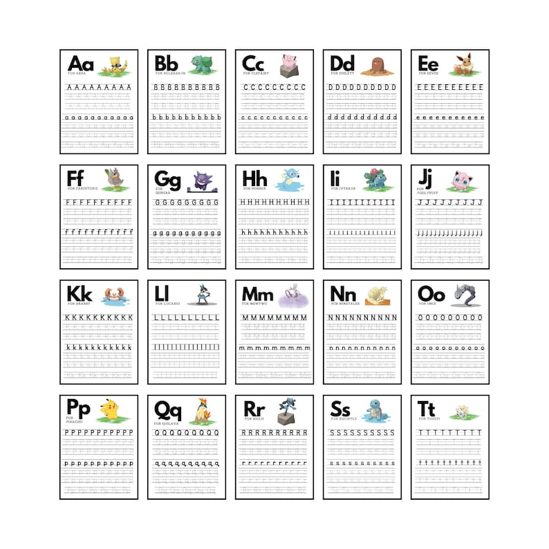 May include: A set of 26 alphabet tracing cards featuring Pokemon characters. Each card has a large letter at the top, followed by a line of uppercase letters, a line of lowercase letters, and a Pokemon character. The cards are black and white with a white background.