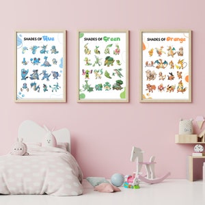 May include: Three framed posters with the title "Shades of Blue", "Shades of Green", and "Shades of Orange". Each poster features a grid of Pokemon characters in different shades of the color indicated in the title.