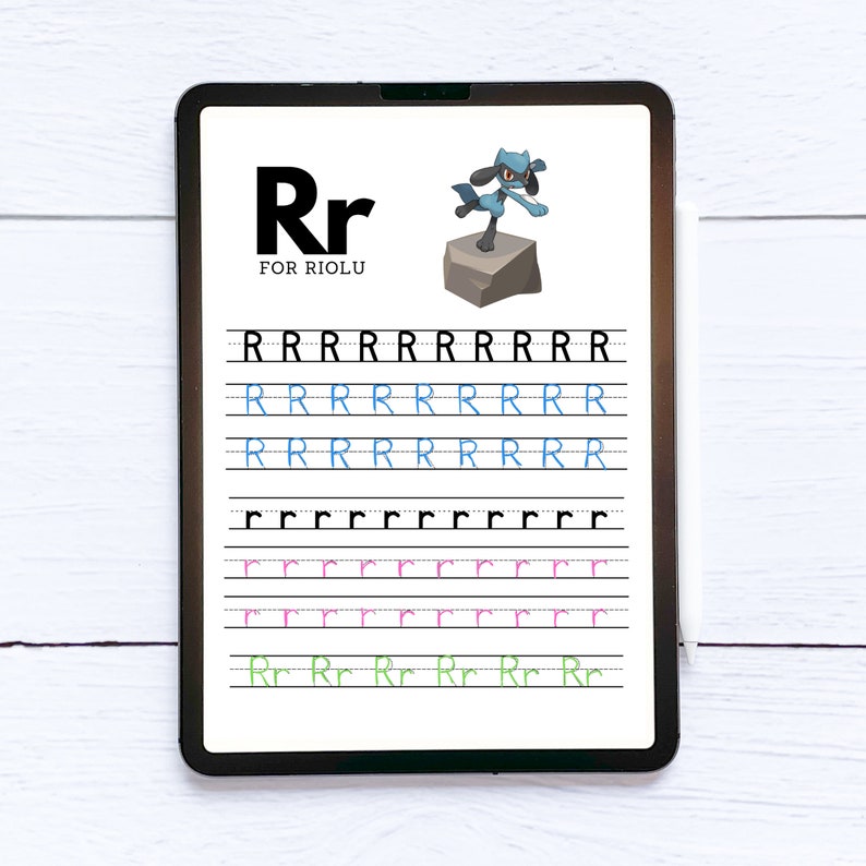 May include: A digital tablet screen displaying a printable worksheet for learning the letter "R". The worksheet features a cartoon image of Riolu, a Pokemon character, and multiple lines for practicing writing the letter "R" in uppercase and lowercase.