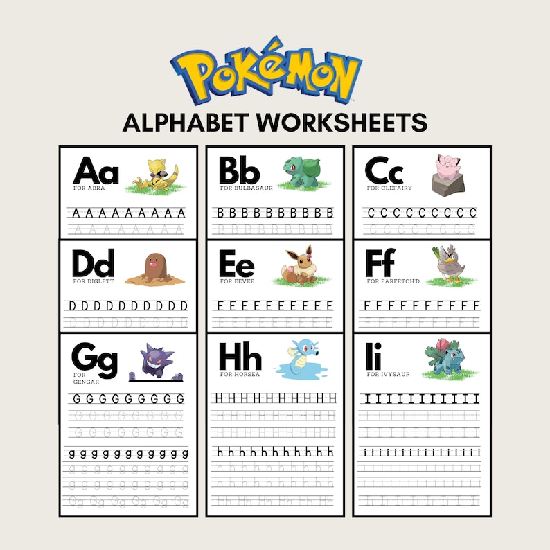 May include: A set of printable alphabet worksheets featuring Pokemon characters. Each letter of the alphabet is displayed with a Pokemon character and a line for tracing the letter.
