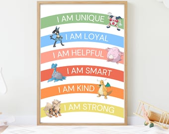 Pokemon Affirmation Poster Printable, Positive Kids Room Decor, Pokemon PRINTABLE Wall Art for Nursery, Bedroom, Preschool, Pokemon gift
