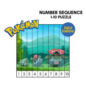 Pokemon Bulbasaur Number Sequence Puzzles / Imprimible Pokemon Puzzle / Montessori, preescolar, actividad Pokemon imprimible en el aula