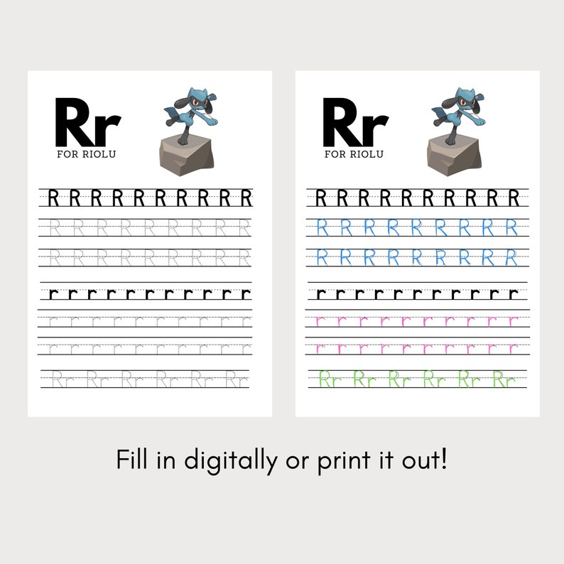May include: A printable worksheet for learning the letter R. The worksheet features a cartoon Riolu Pokemon and includes practice writing the letter R in uppercase and lowercase. The text "Rr for Riolu" is at the top of the worksheet.