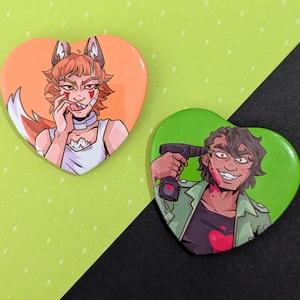 May include: Two heart-shaped buttons with cartoon illustrations. One button is orange with a fox-like character. The other is green, featuring a person holding a drill to their head. The background is a diagonal split of green and black.