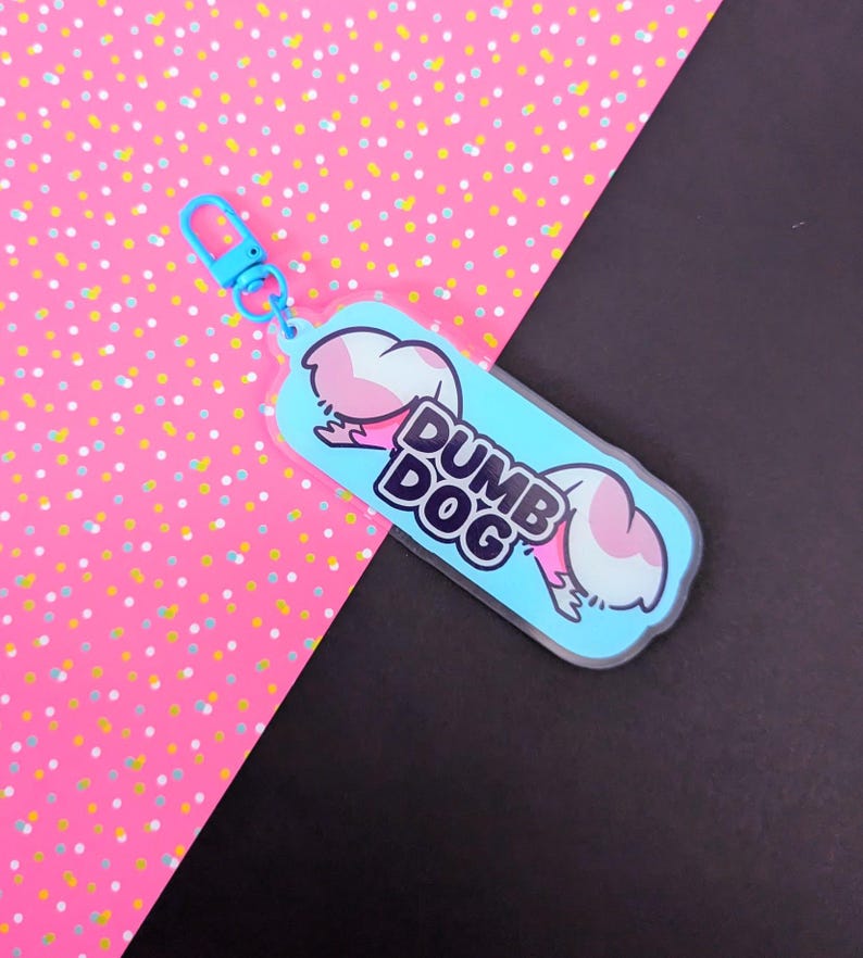 May include: A light blue acrylic keychain featuring a cartoon illustration of a dog with pink ears and the text DUMB DOG in bold black letters. The keychain includes a matching light blue plastic lobster clasp attached to the top of the charm.