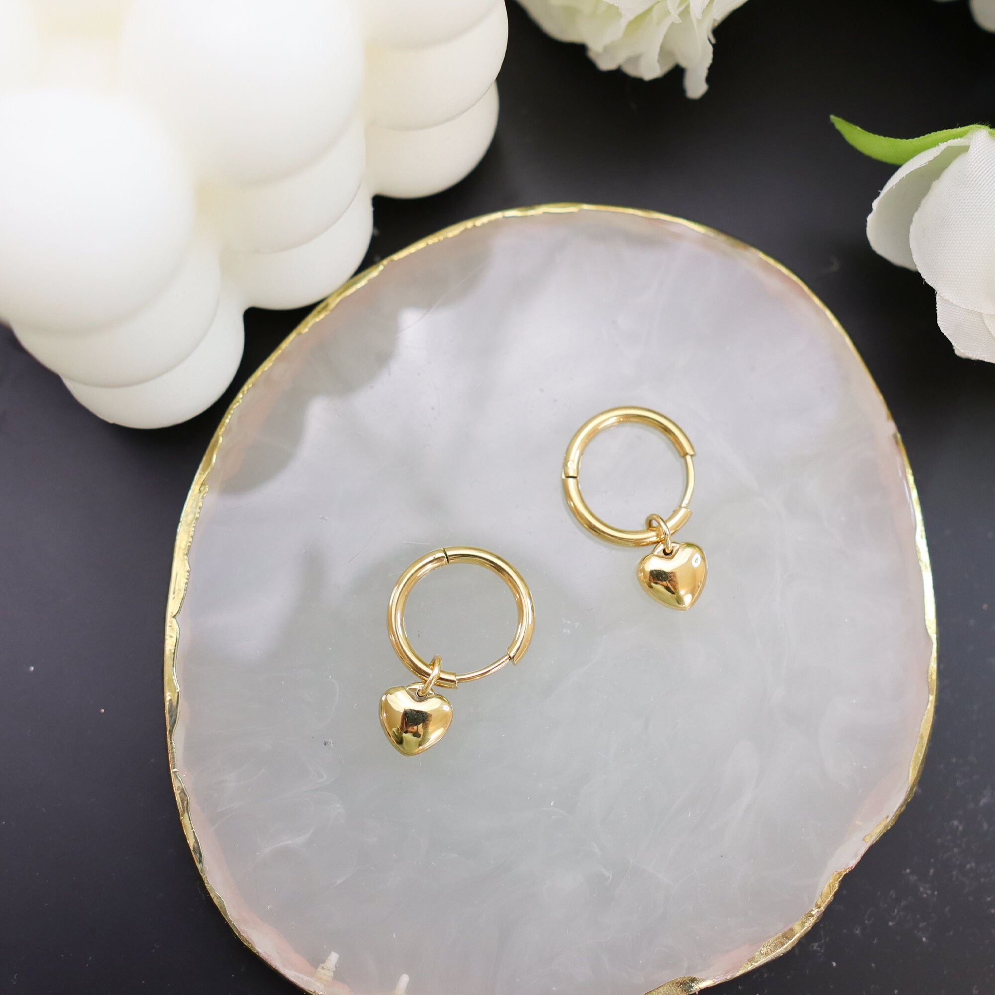 Titanium Drop Heart Huggies Hoop Earrings, Non Tarnish