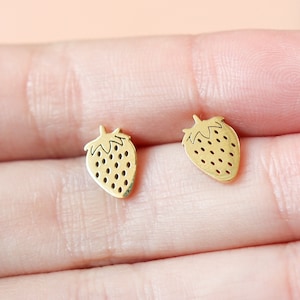 Titanium Strawberry Stud Earrings, Push Back, Gold Silver Non Tarnish Earrings, Implant Grade Titanium Waterproof, Vintage Style, Minimal