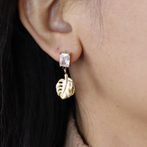 Titanium Leaf Zircon Dangle Earrings, Gold Plated, Hypoallergenic, Implant Grade Titanium Waterproof, Vintage Style, Minimal