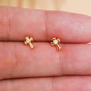Titanium CZ Cross Ball Screw Back Stud Earrings, Non Tarnish, Implant Grade Titanium Waterproof Earrings, Vintage Style, Minimalist