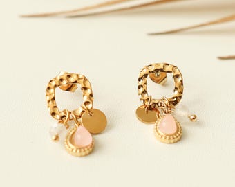 Titanium Pink Stone Drop Earrings, Pink Stone Charms, Minimalist Vintage Style