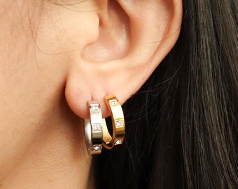 Titanium Hoop Earrings, Zircon Gemstone, Waterproof Minimalist Style