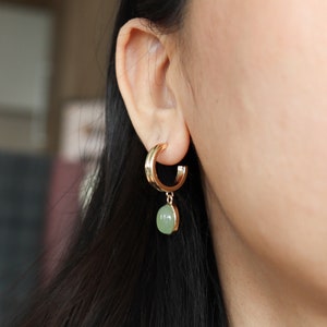 Titanium Green Stone C Shape Huggies Hoop Earrings, Non Tarnish, Implant Grade Titanium Waterproof Earrings, Vintage Style, Minimal