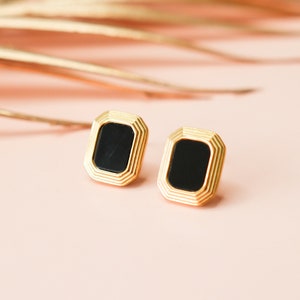 Titanium Black Stone Square Stud Earrings, Non Tarnish Earrings, Implant Grade Titanium Waterproof Earrings, Vintage Style Earrings, Minimal