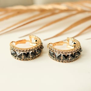 Titanium Black Stone Gold Hoop Earrings, Non Tarnish Earrings, Implant Grade, Waterproof, Vintage Style Earrings, Minimal Earrings