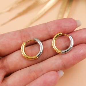 Titanium Double Color Huggies Hoop Earrings, Gold Plated, Hypoallergenic, Implant Grade Titanium Waterproof, Vintage Style, Minimal
