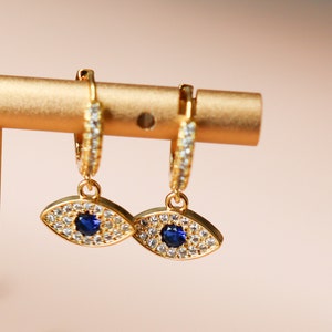 Titanium Evil Eye Zircon Huggies Hoop Earrings, Non Tarnish Earrings, Implant Grade Titanium Waterproof, Vintage Style, Minimal