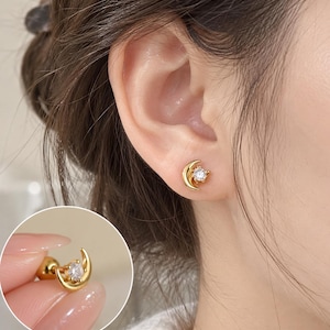 Titanium Moon Zircon Screw Back Stud Earrings, Non Tarnish, Implant Grade Titanium Waterproof Earrings, Vintage Style Earrings, Minimalist