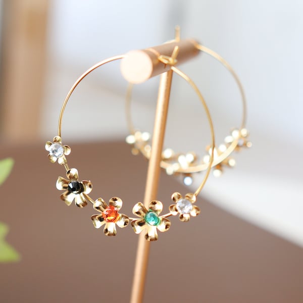 Titanium Colorful Flower Hoop Earrings, Non Tarnish Earrings, Implant Grade, Waterproof, Vintage Style Earrings, Minimal Earrings