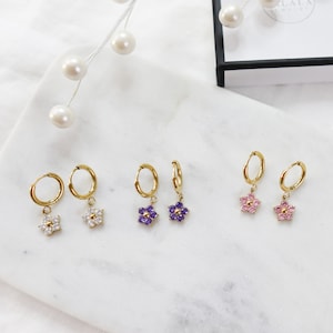 Titanium Zircon Flower Huggies Hoop Earrings, Non Tarnish, Implant Grade Titanium Waterproof Earrings, Vintage Style, Minimal
