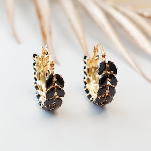 Titanium Black Stone Leaves Hoop Earrings, Non Tarnish Earrings, Implant Grade, Waterproof, Vintage Style Earrings, Minimal Earrings