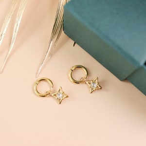Titanium Zircon Stars 18K Gold Plated Huggies Hoop Earrings, Non Tarnish Earrings, Implant Grade Titanium, Vintage Style, Minimal
